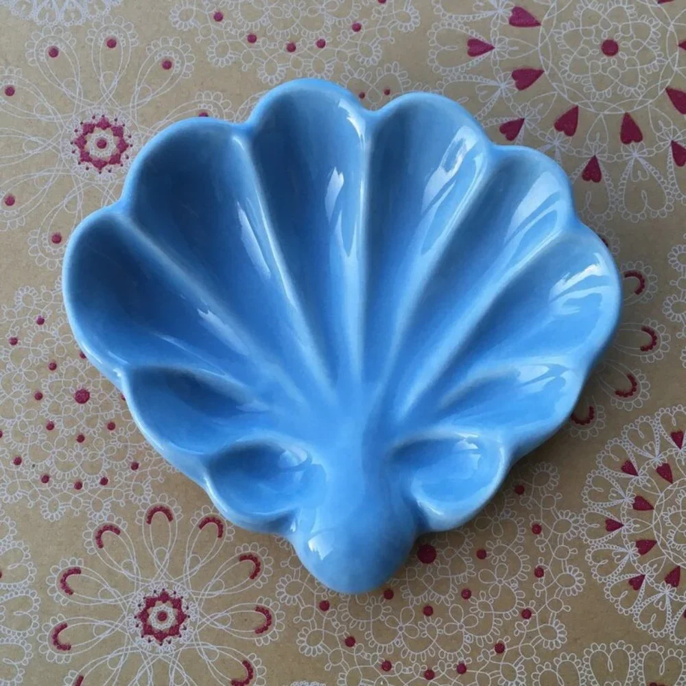 Vintage Weighted Seashell Ceramic Soap Dish Light Blue Shell Shape Trinket Dish